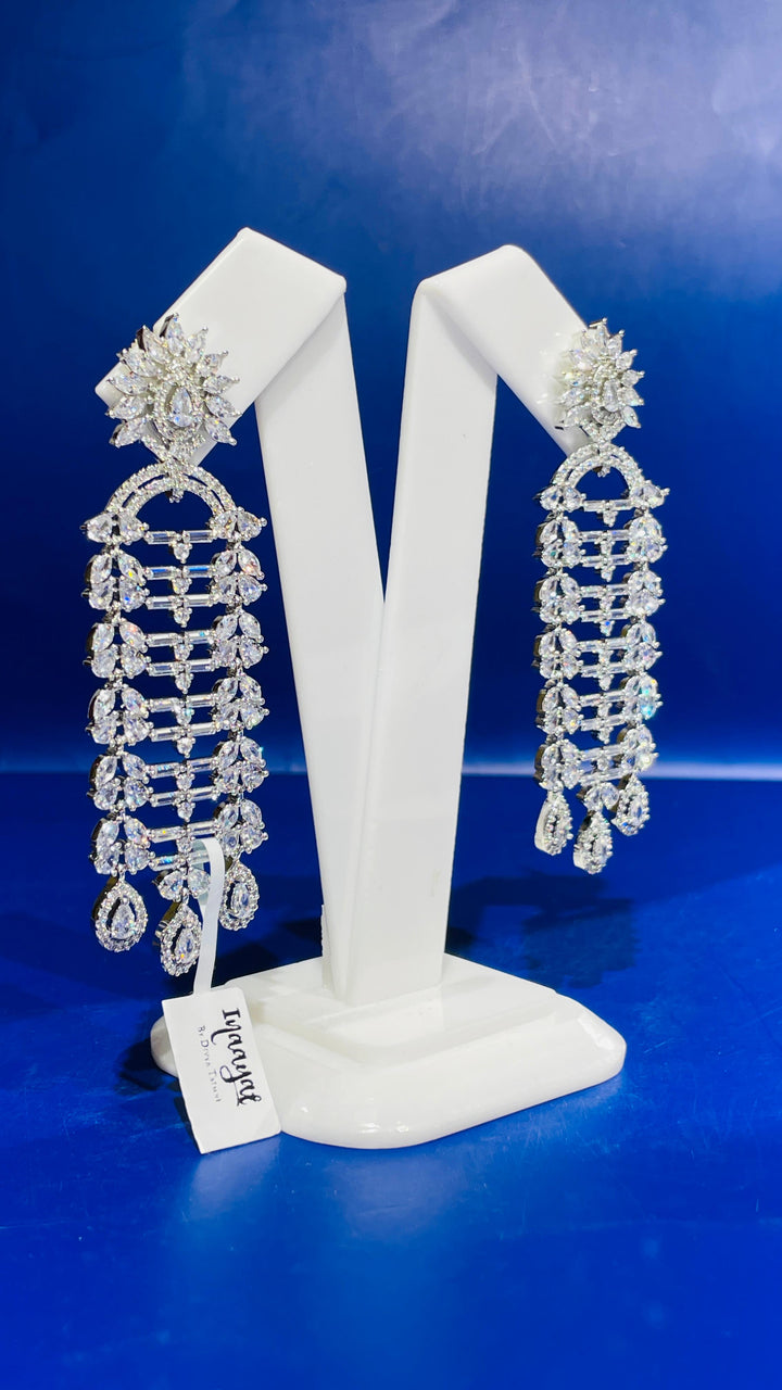 Silver Long Zircon Dangle Earring |Inaayat by Divya Taimni