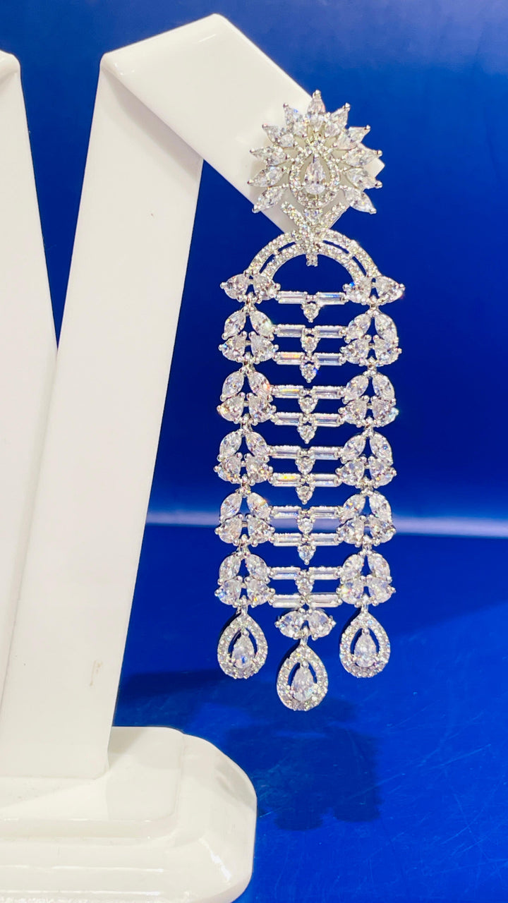 Silver Long Zircon Dangle Earring |Inaayat by Divya Taimni