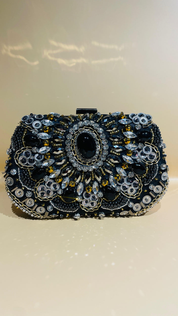 Black Statement Clutch with Crystal | House of Inaayat