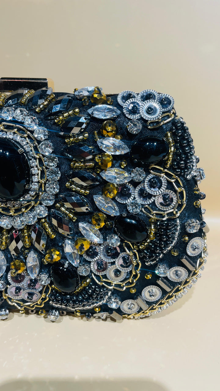 Black Statement Clutch with Crystal | House of Inaayat