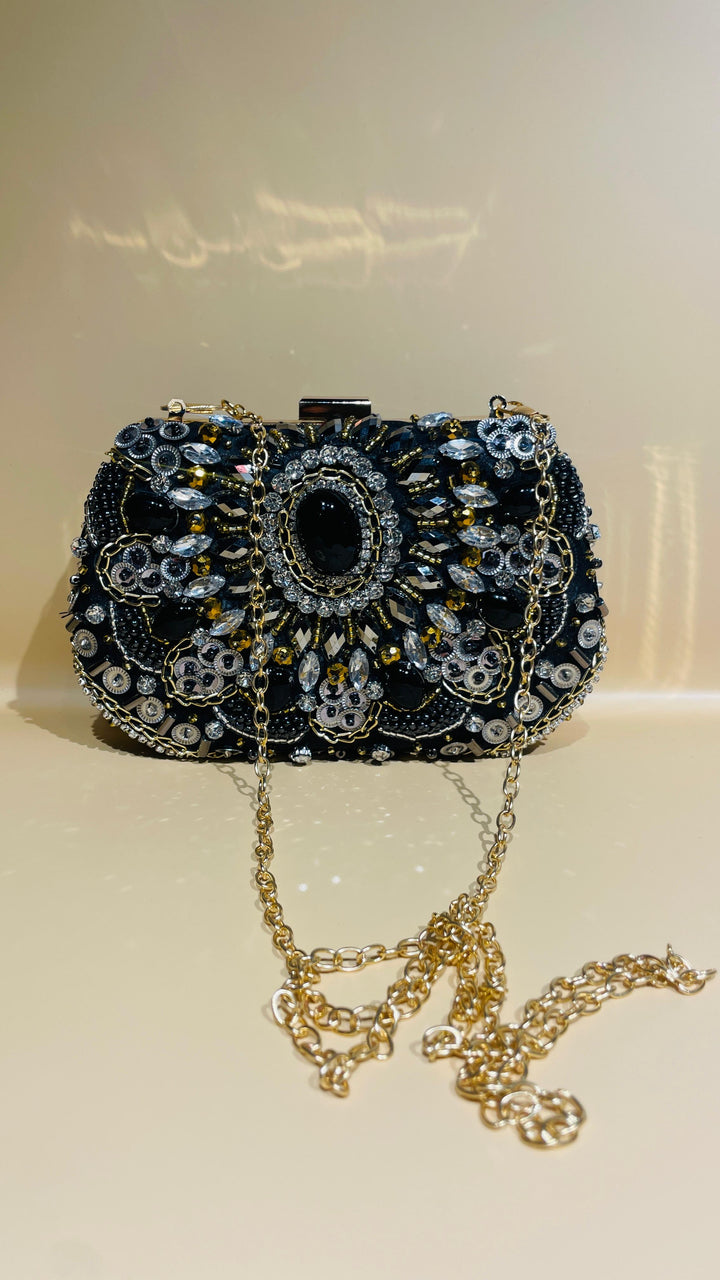 Black Statement Clutch with Crystal | House of Inaayat