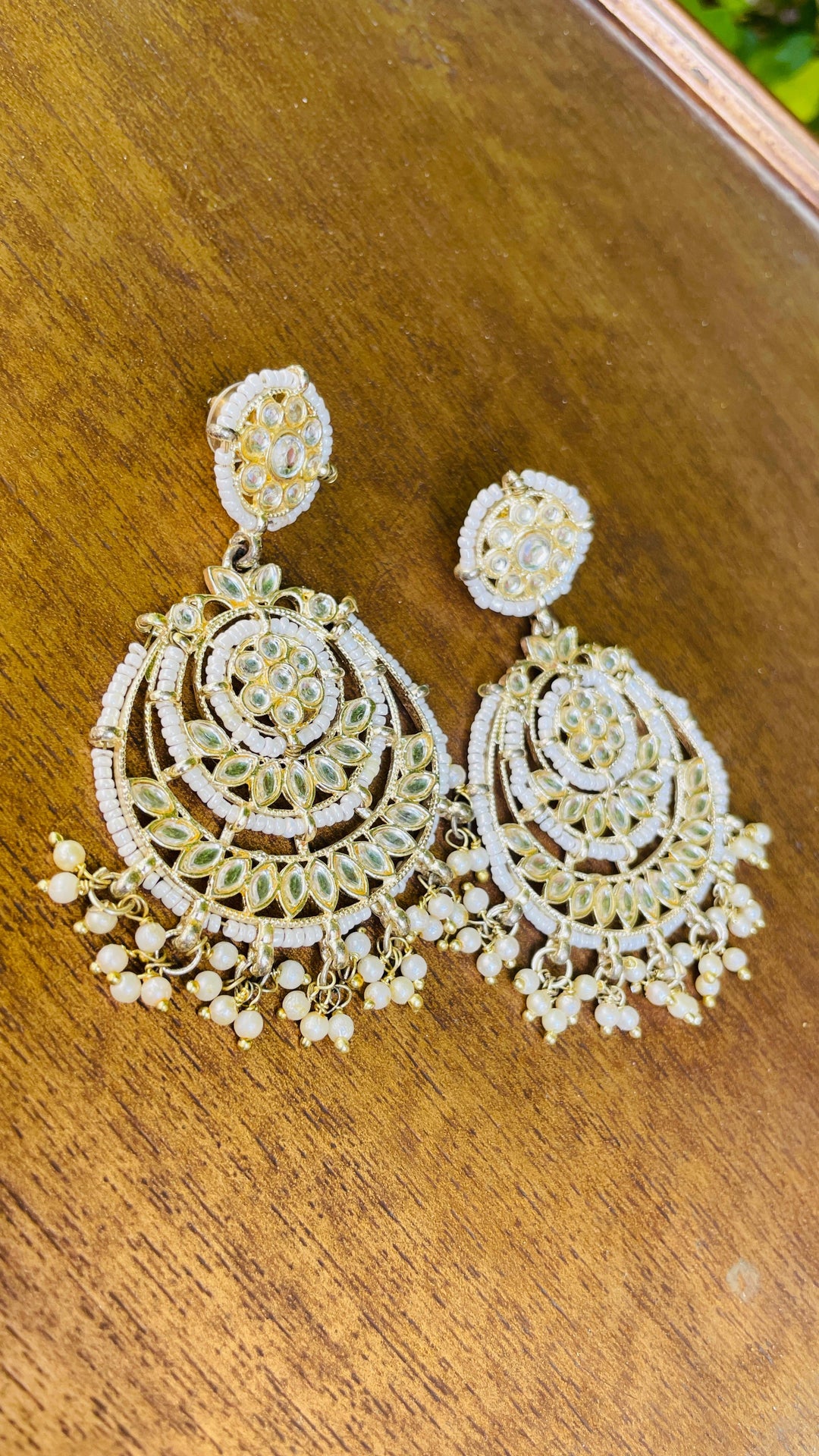 Gold Chandbali with white Pearl Drops Earring|Inaayat by Divya Taimni