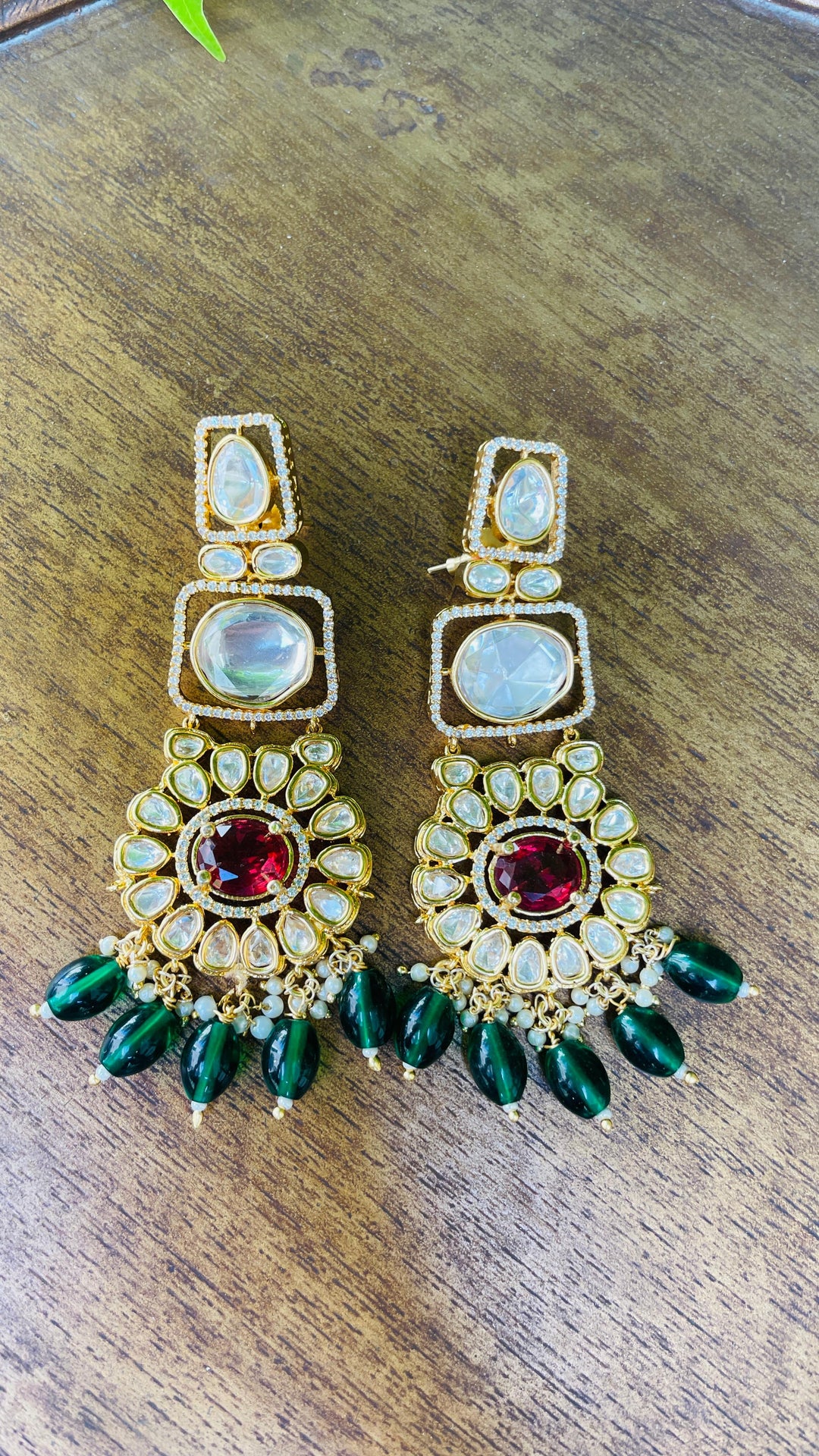Polki With Green in the Center with Red Drops Earring