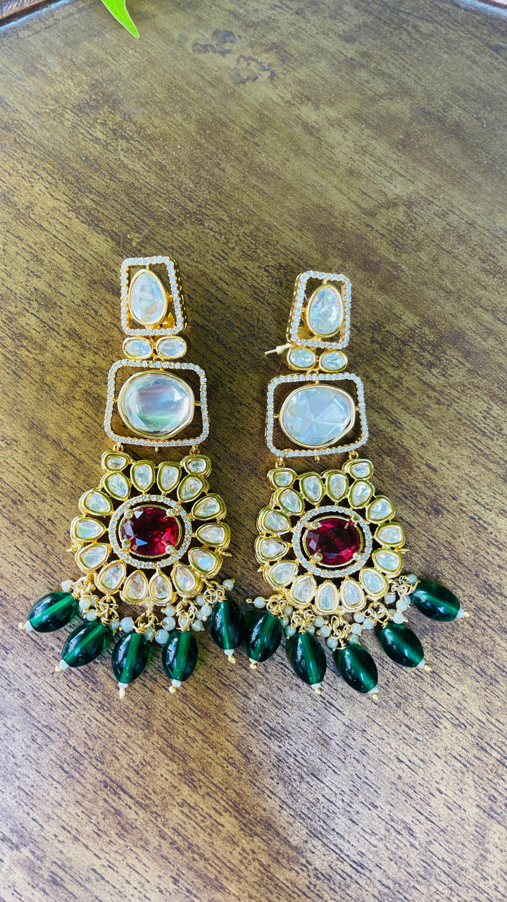 Polki With Green in the Center with Red Drops Earring