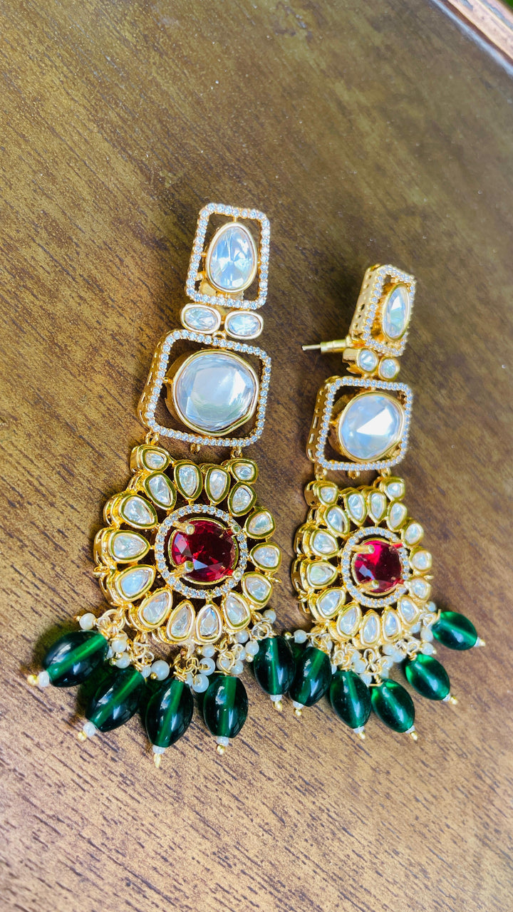 Polki With Green in the Center with Red Drops Earring
