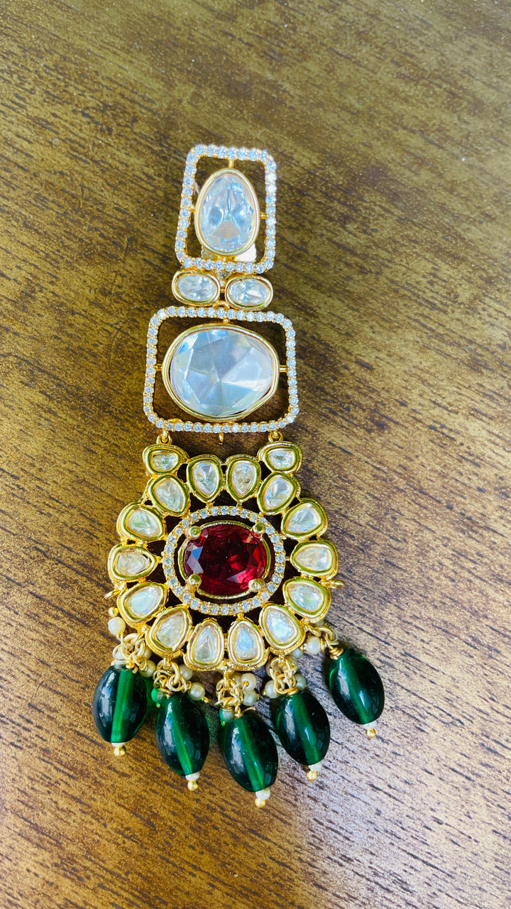Polki With Green in the Center with Red Drops Earring