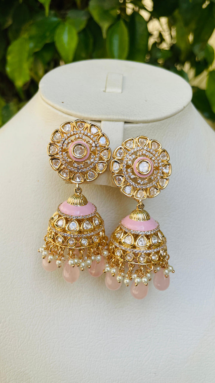 Jhumka Earrings with Pink Beads, Kundan and Enamel