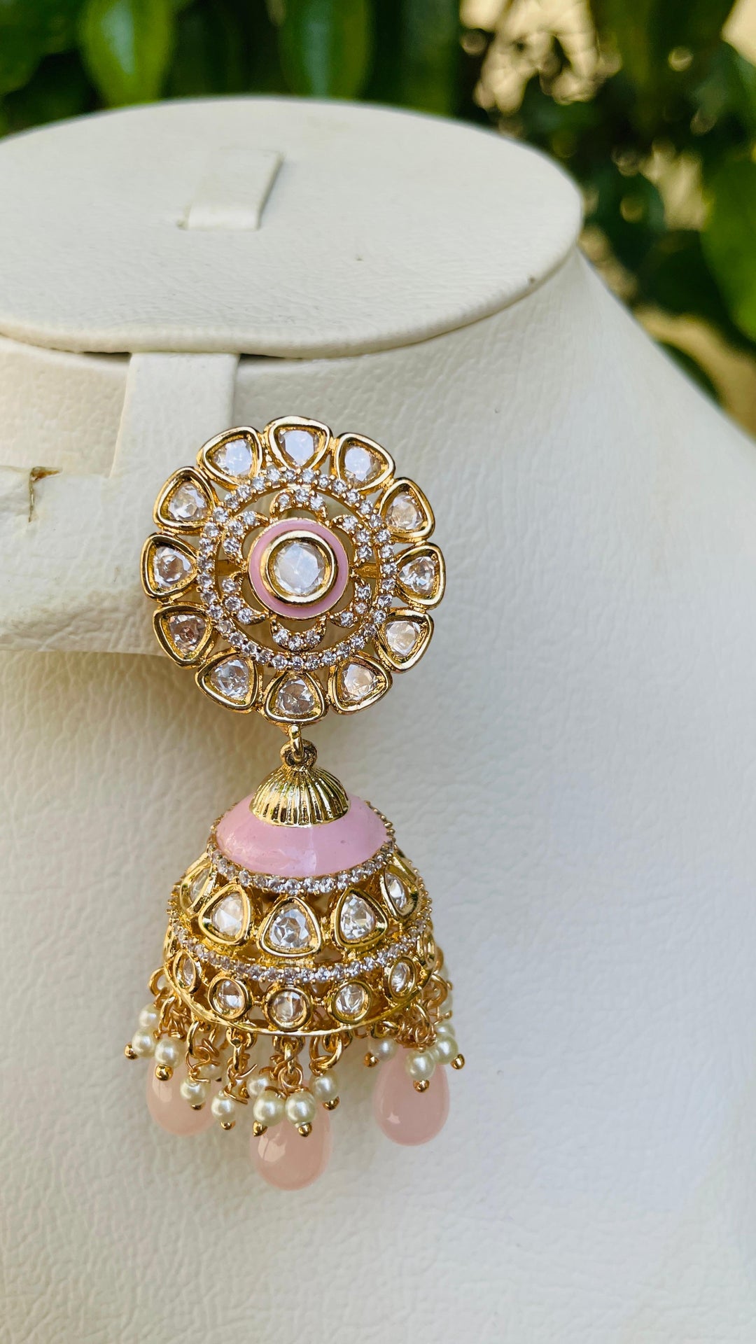 Jhumka Earrings with Pink Beads, Kundan and Enamel