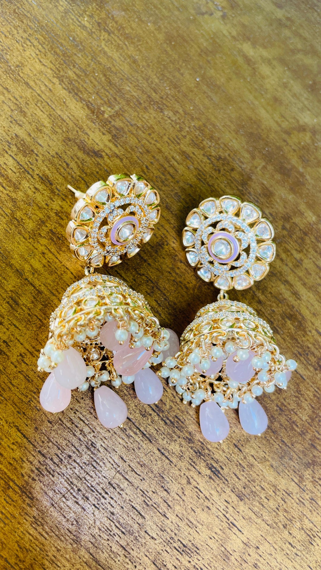 Jhumka Earrings with Pink Beads, Kundan and Enamel