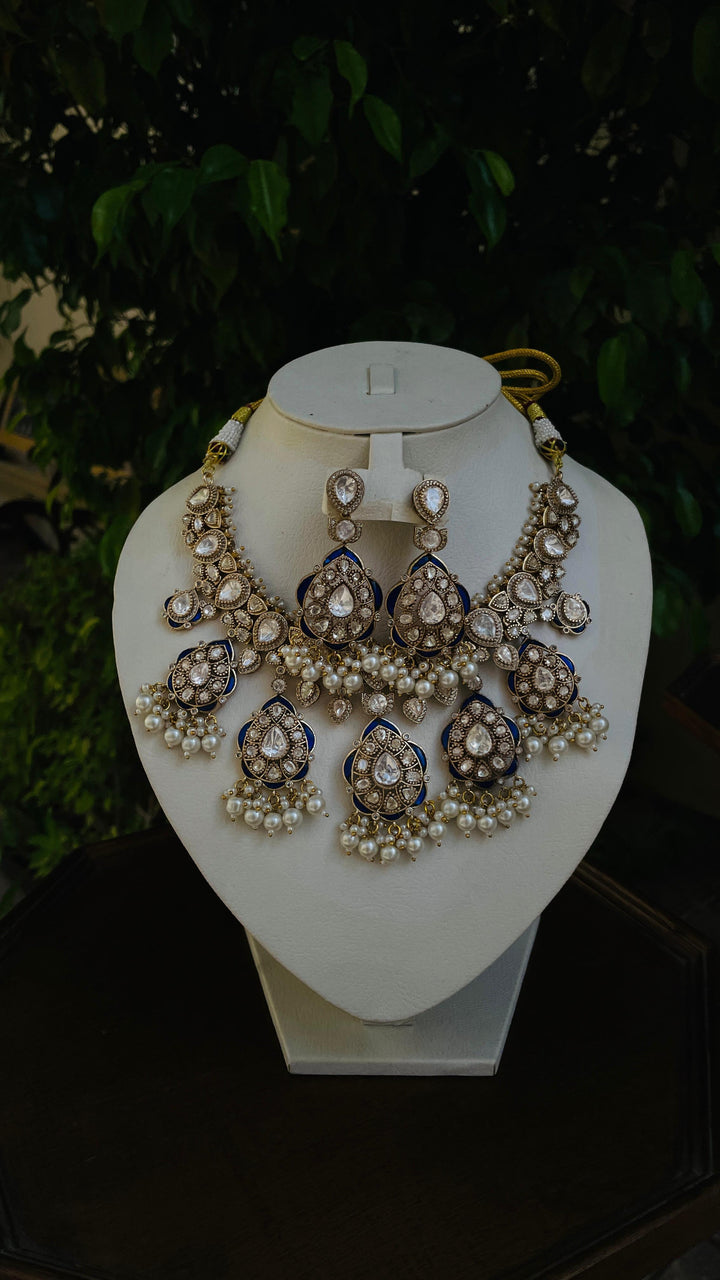 Midnight Blue and Pearl Meenakari Necklace and Earrings Set|Inaayat by Divya Taimni
