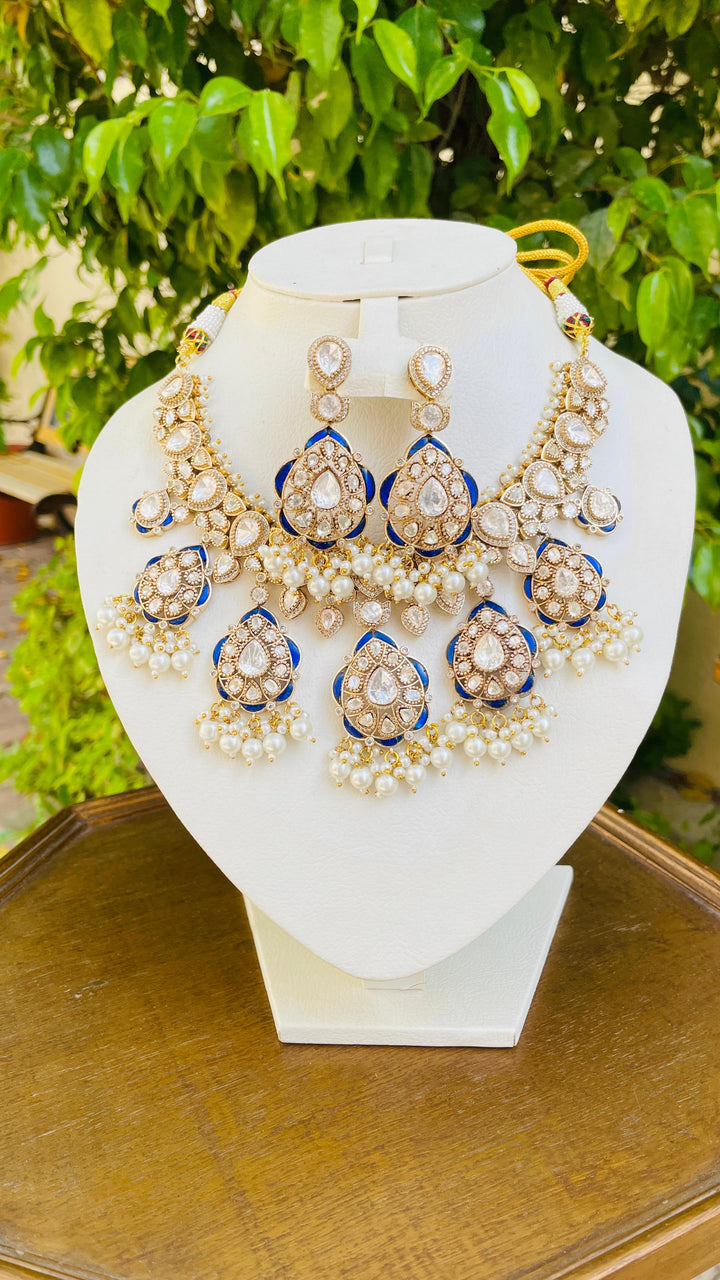 Midnight Blue and Pearl Meenakari Necklace and Earrings Set|Inaayat by Divya Taimni