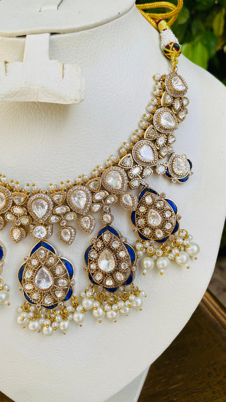 Midnight Blue and Pearl Meenakari Necklace and Earrings Set|Inaayat by Divya Taimni