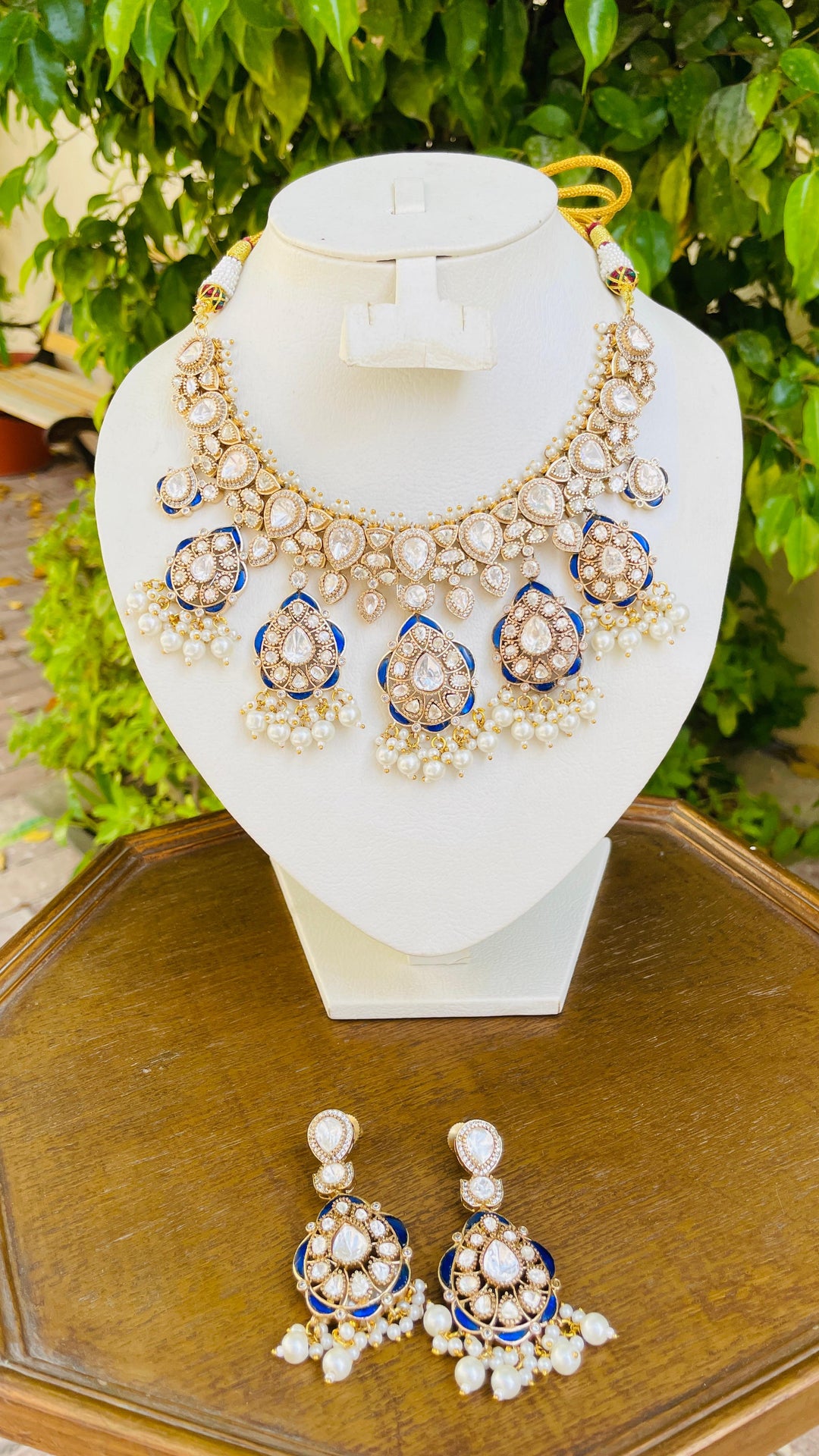 Midnight Blue and Pearl Meenakari Necklace and Earrings Set|Inaayat by Divya Taimni