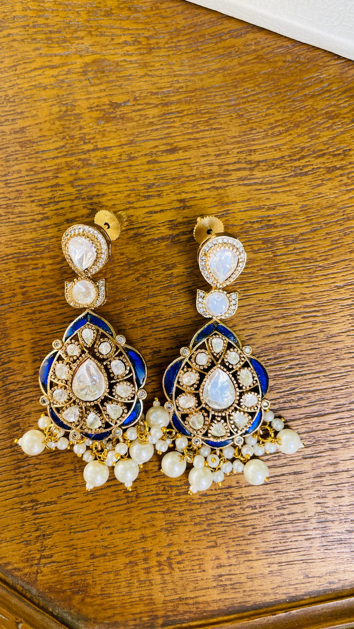 Midnight Blue and Pearl Meenakari Necklace and Earrings Set|Inaayat by Divya Taimni