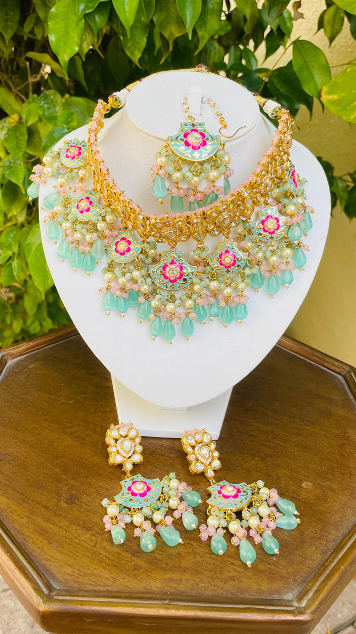 Ice Blue and Pink Meenakari Necklace Earrings and Mangtika Set