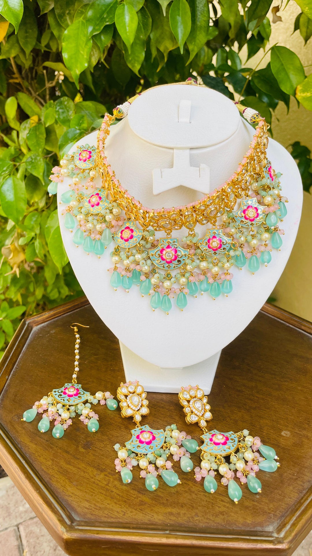 Ice Blue and Pink Meenakari Necklace Earrings and Mangtika Set