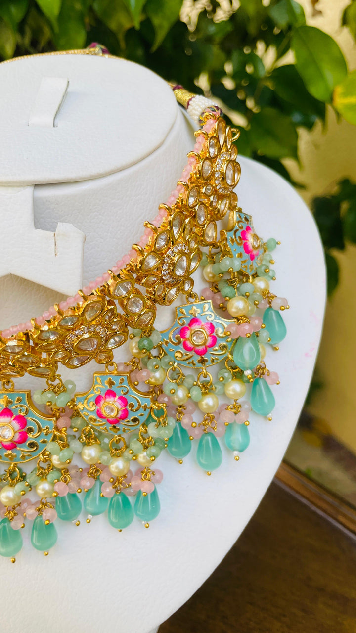 Ice Blue and Pink Meenakari Necklace Earrings and Mangtika Set