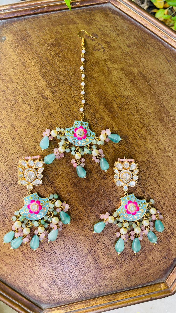 Ice Blue and Pink Meenakari Necklace Earrings and Mangtika Set