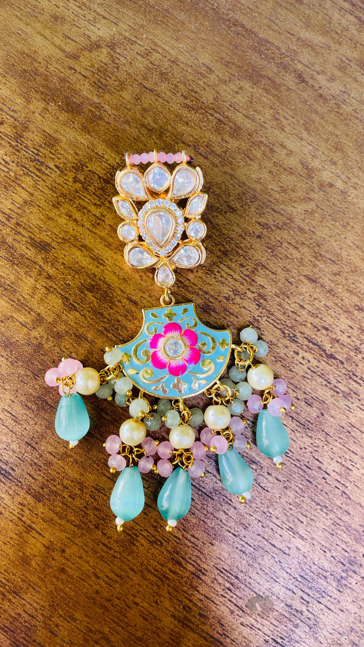 Ice Blue and Pink Meenakari Necklace Earrings and Mangtika Set