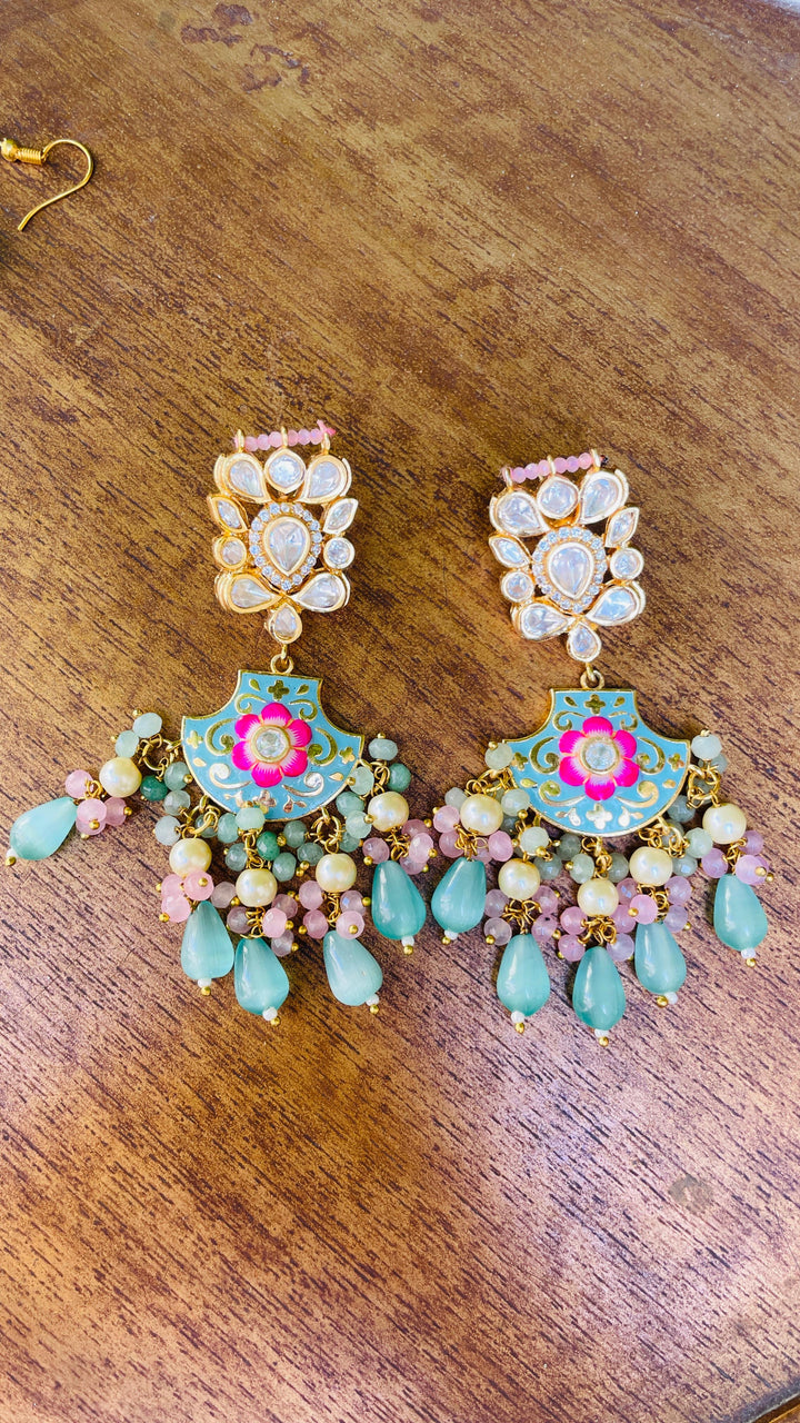 Ice Blue and Pink Meenakari Necklace Earrings and Mangtika Set