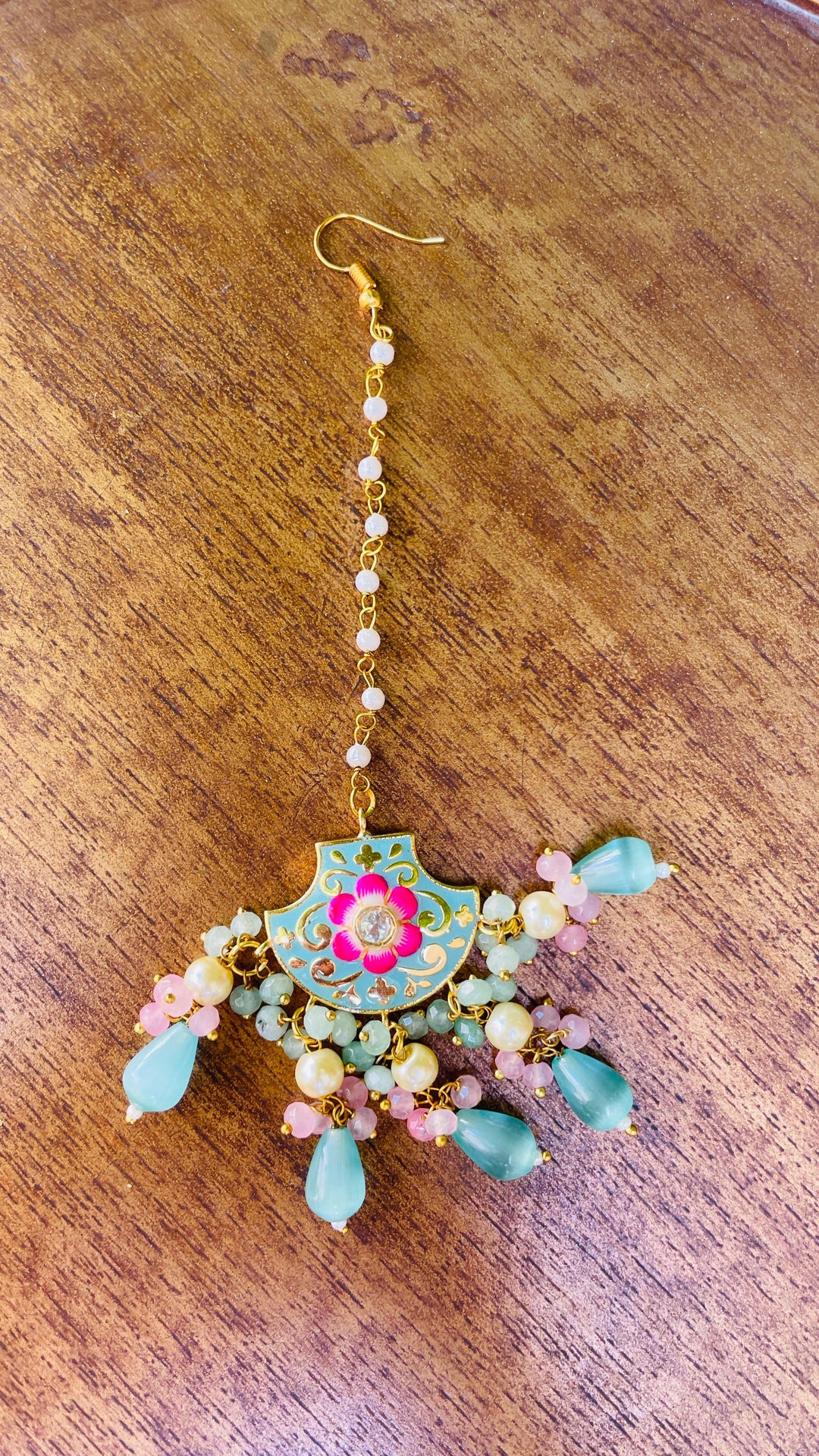 Ice Blue and Pink Meenakari Necklace Earrings and Mangtika Set