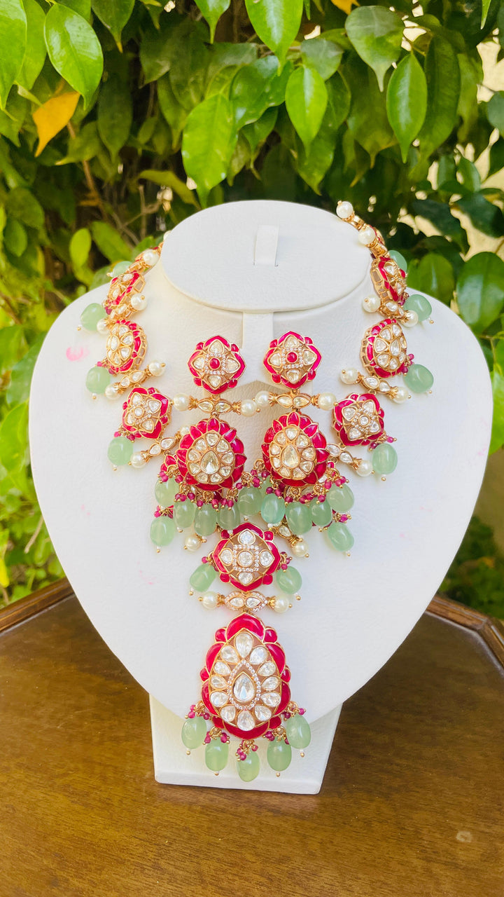 Sage Green and Ruby Meenakari Necklace and Earrings Set | Inaayat by Divya Taimni