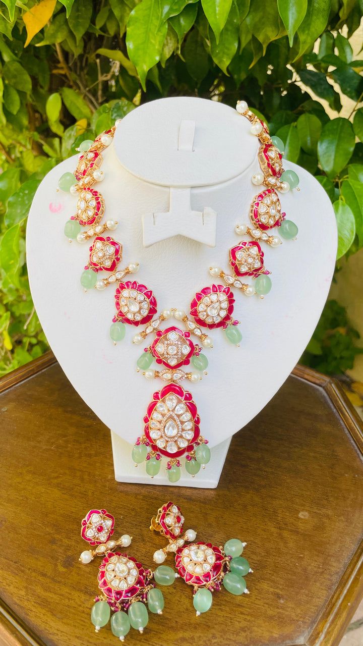 Sage Green and Ruby Meenakari Necklace and Earrings Set | Inaayat by Divya Taimni