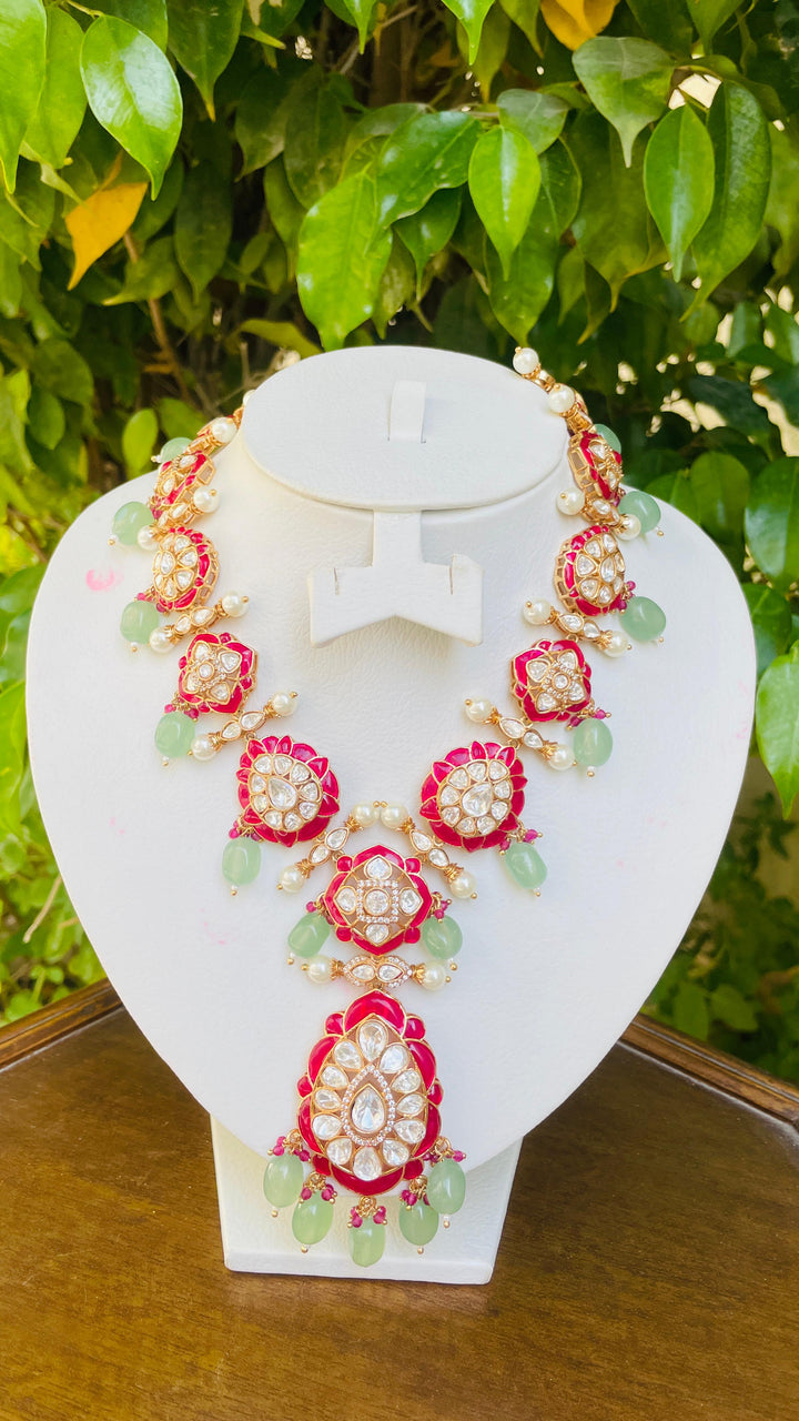 Sage Green and Ruby Meenakari Necklace and Earrings Set | Inaayat by Divya Taimni