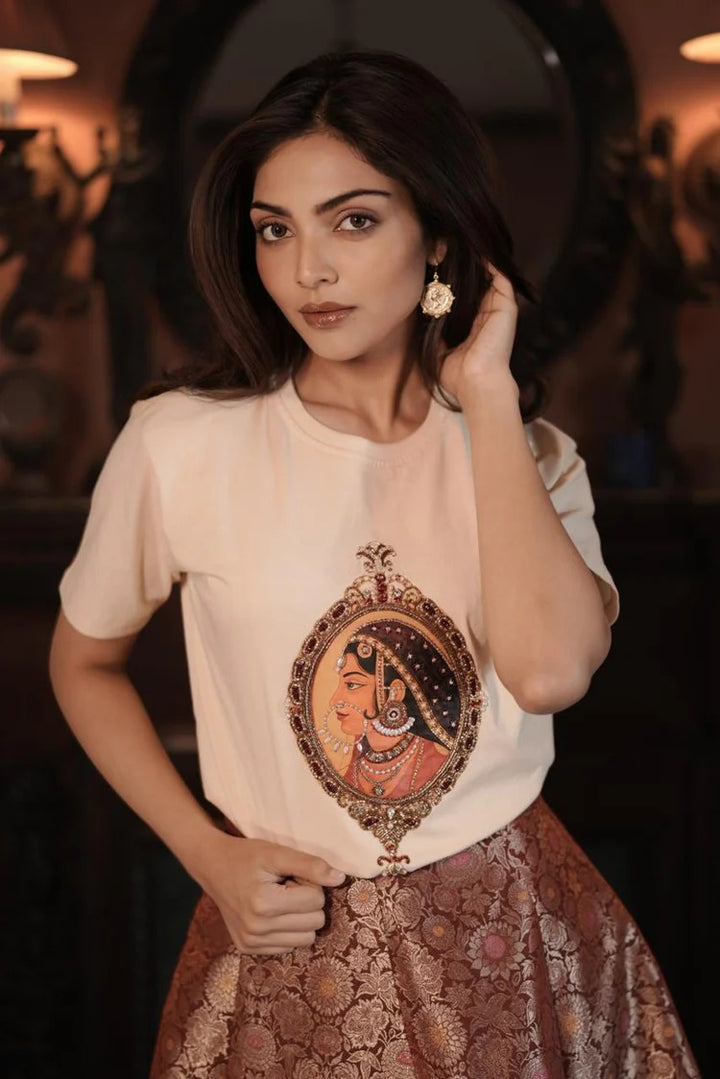 White Embroidered Padmini Miniature Designer T-Shirt | Duchess Kumari