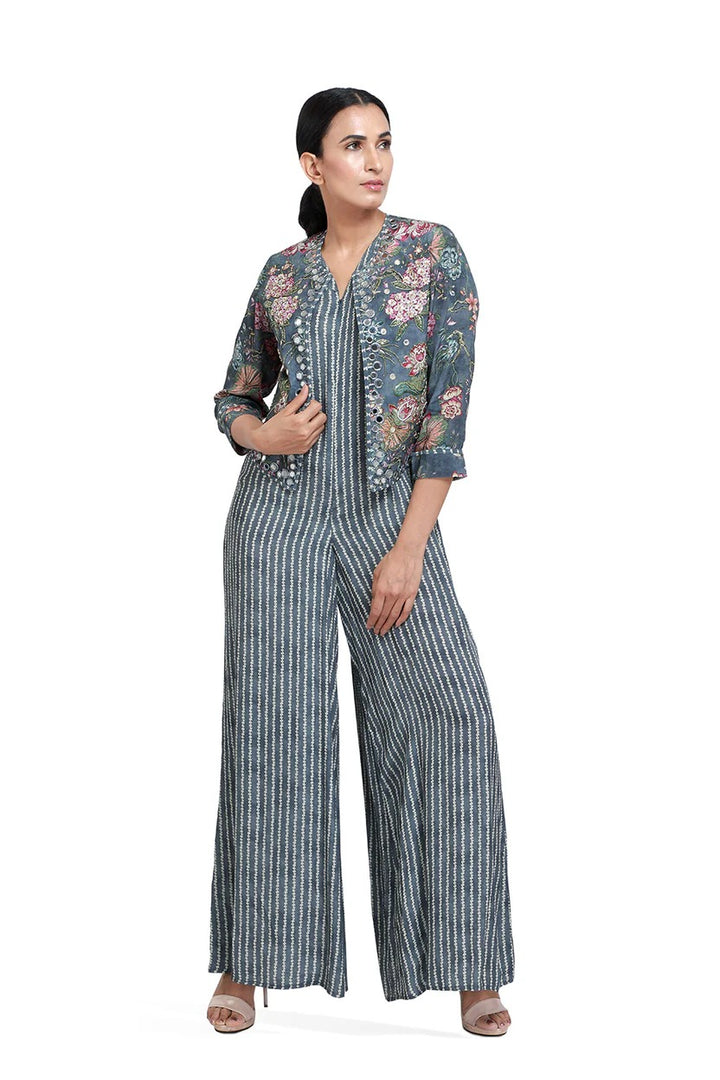 Grey Striped Bandhini Print Jumpsuit | The Bumble Bee
