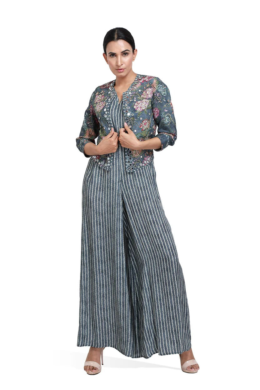 Grey Striped Bandhini Print Jumpsuit | The Bumble Bee