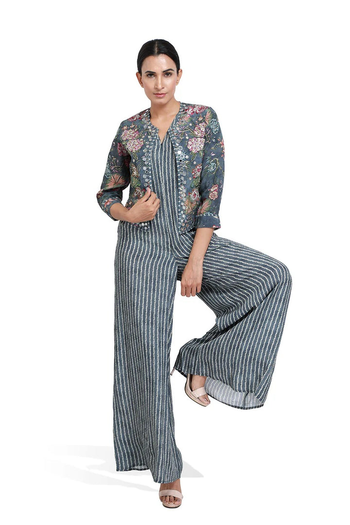 Grey Striped Bandhini Print Jumpsuit | The Bumble Bee