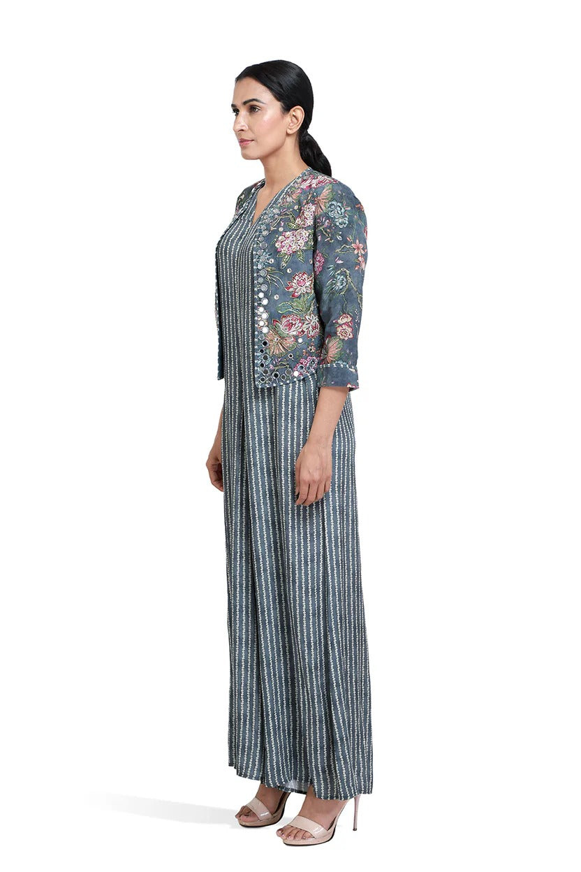 Grey Striped Bandhini Print Jumpsuit | The Bumble Bee