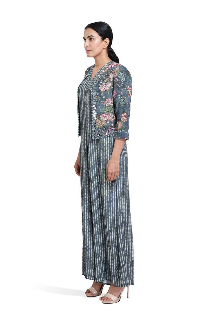 Grey Striped Bandhini Print Jumpsuit | The Bumble Bee