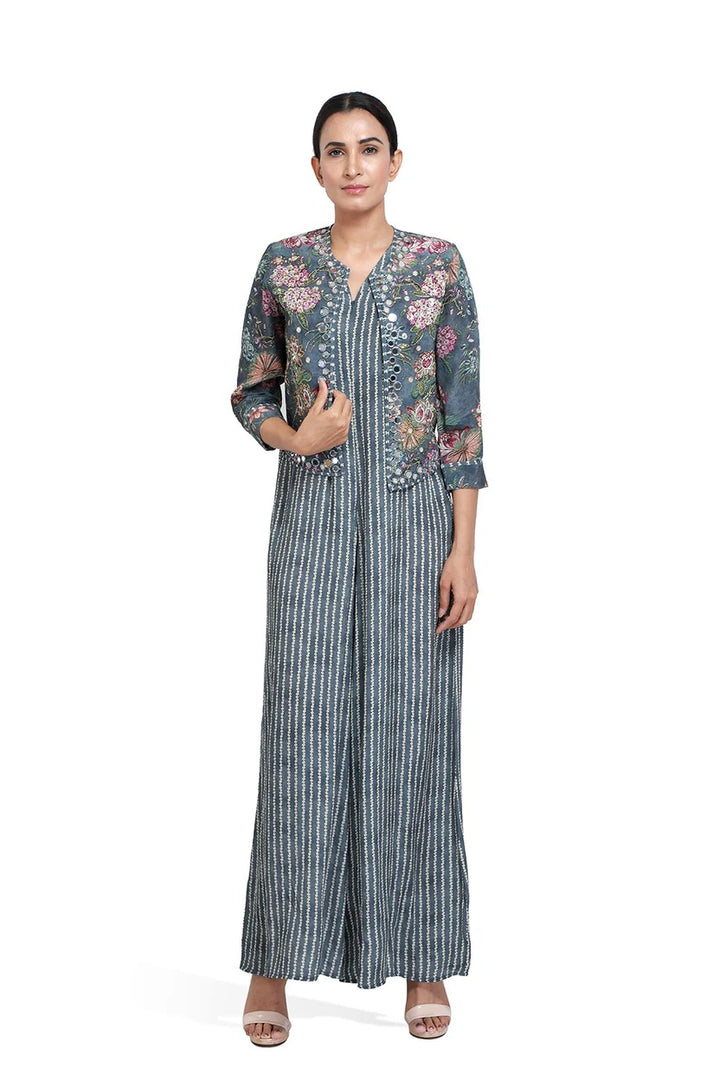 Grey Striped Bandhini Print Jumpsuit | The Bumble Bee