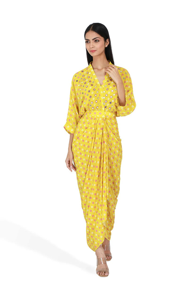 Yellow Bandhini Print Drape Dress | The Bumble Bee