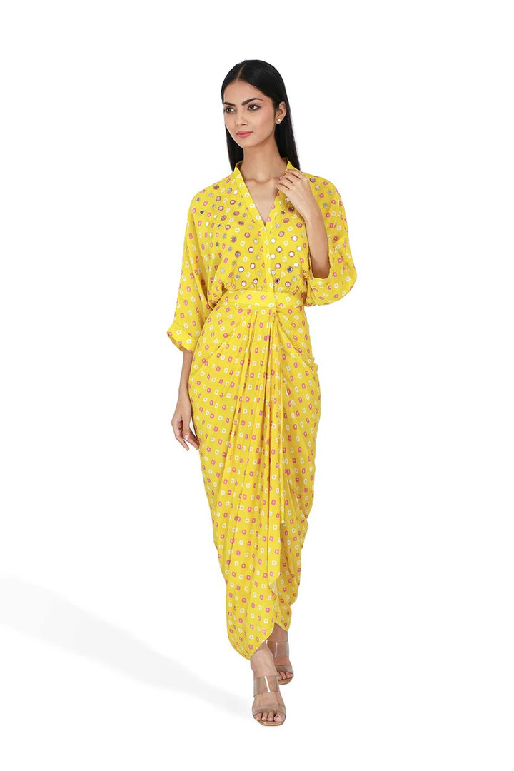 Yellow Bandhini Print Drape Dress | The Bumble Bee