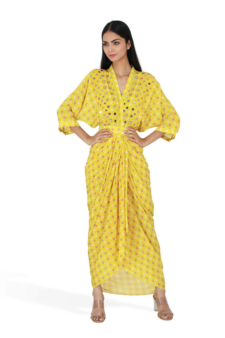 Yellow Bandhini Print Drape Dress | The Bumble Bee