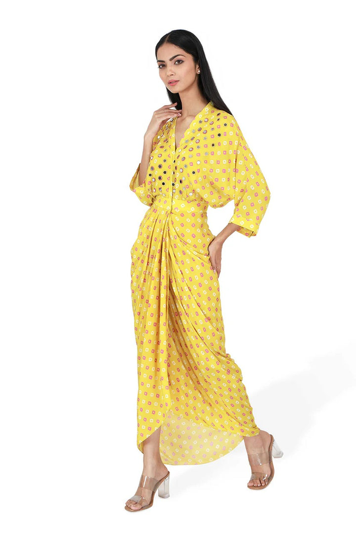 Yellow Bandhini Print Drape Dress | The Bumble Bee