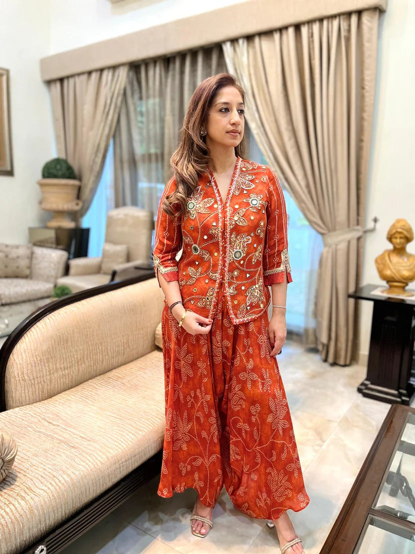Aarvi Bandhini Draped Co-ord Set in Orange