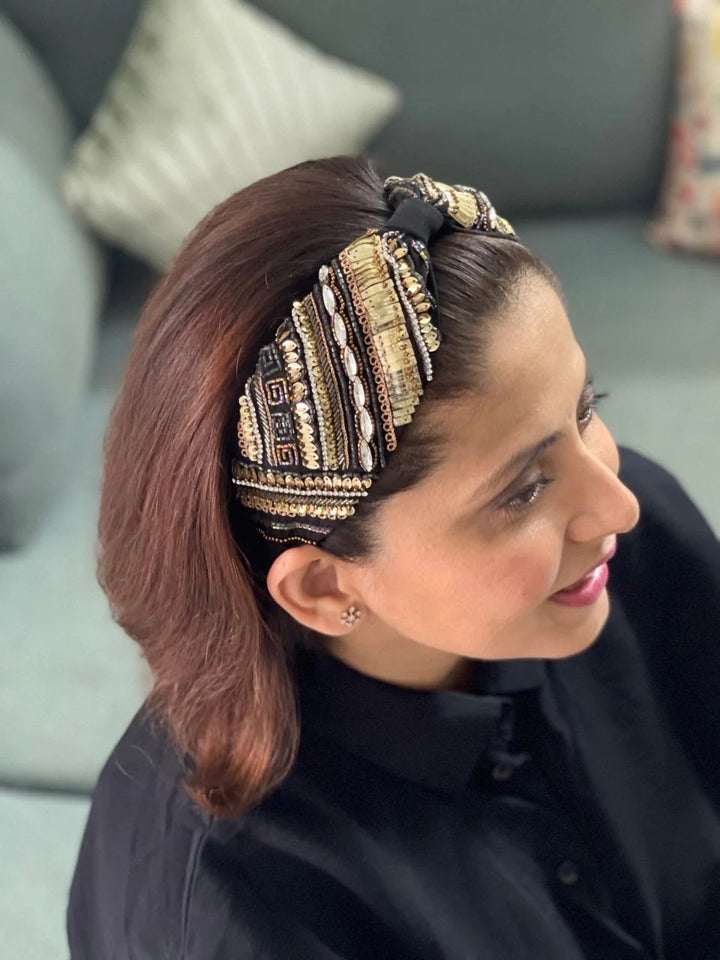 Samira Black Hand Embroidered Headband | Joey & Pooh