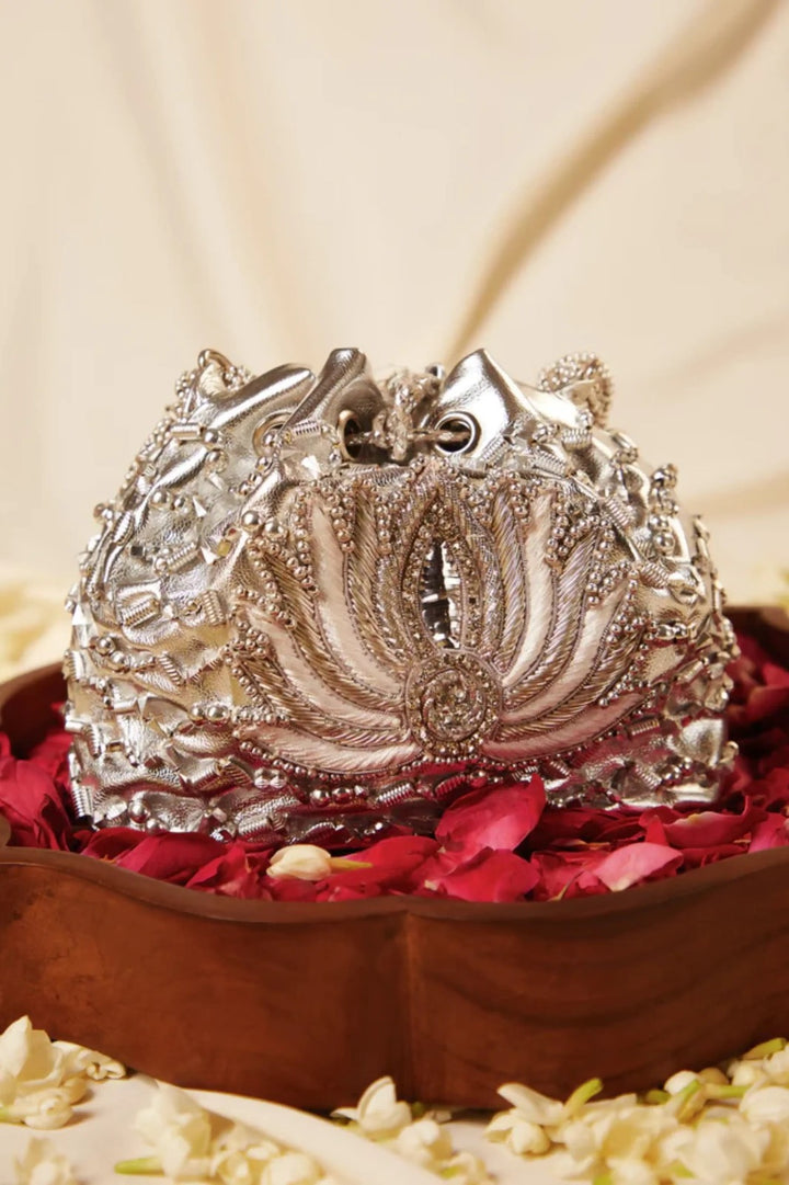Silver Lotus Drawstring Bag | 5 Elements by Radhika