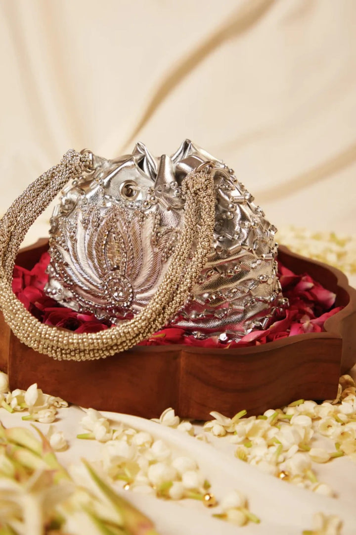 Silver Lotus Drawstring Bag | 5 Elements by Radhika