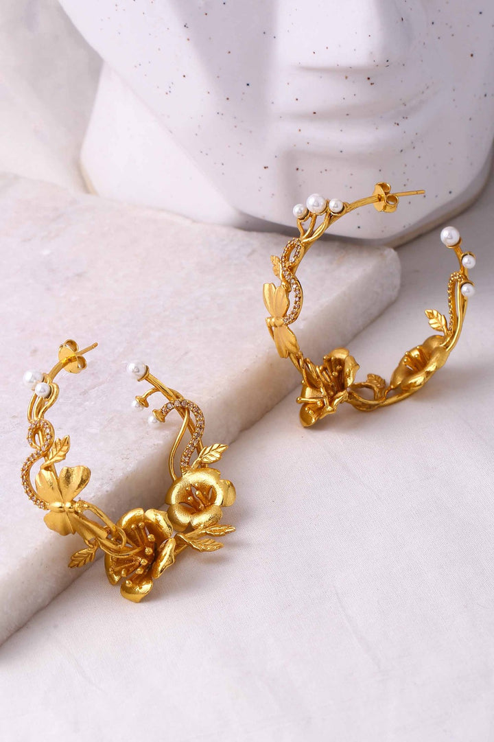 Life In Bloom Hoops - Gold Textured Finish | Astha Jagwani