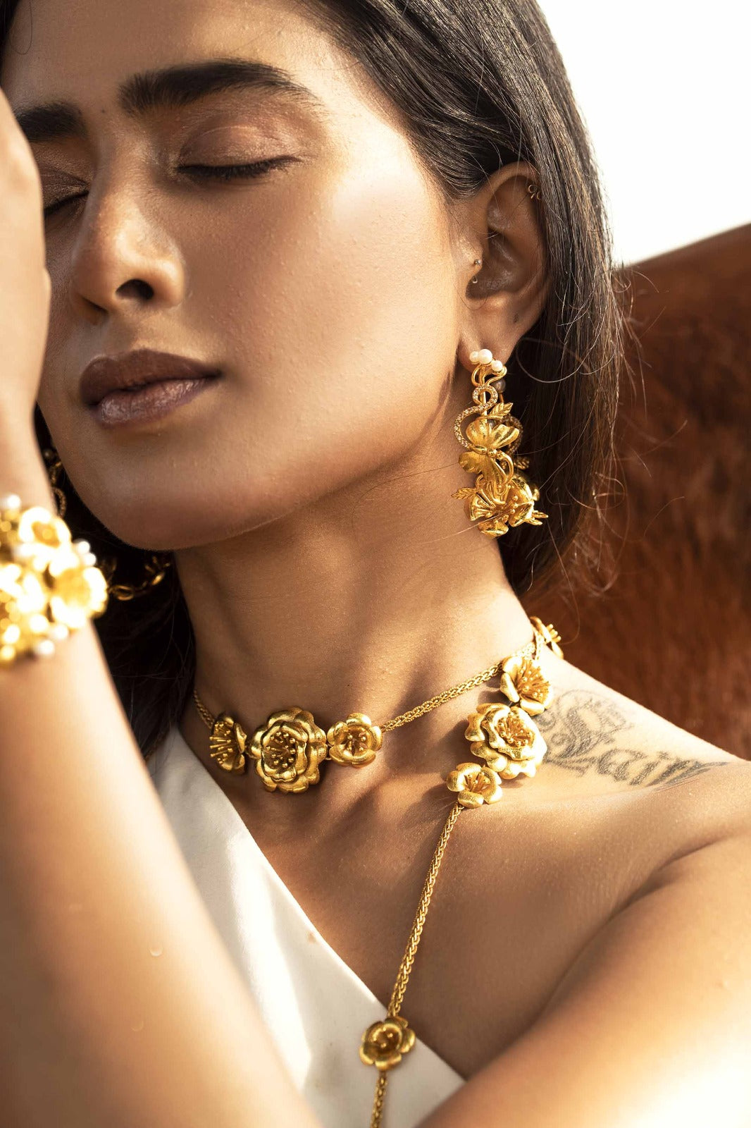 Life In Bloom Hoops - Gold Textured Finish | Astha Jagwani