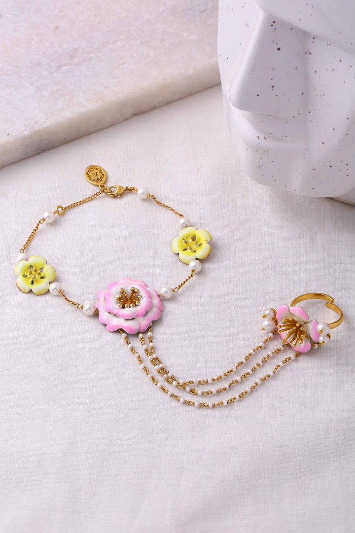 Sadabaahar Hand Harness- Pink & Yellow Enamelled | Astha Jagwani