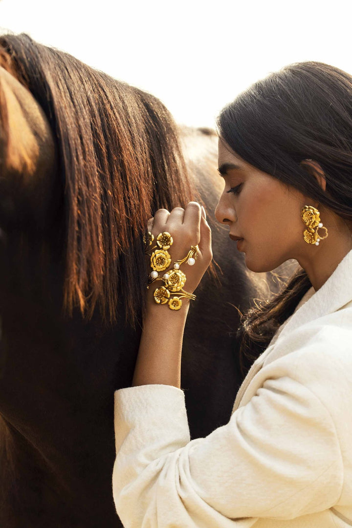 Periwinkle Cuff Bracelet - Gold Textured Finish | Astha Jagwani