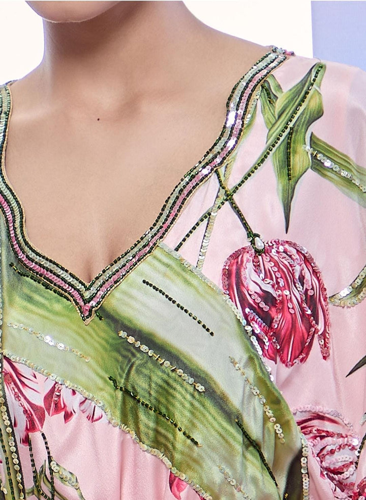 Peach Crepe Print Tulip Blossom V Neck Kaftan