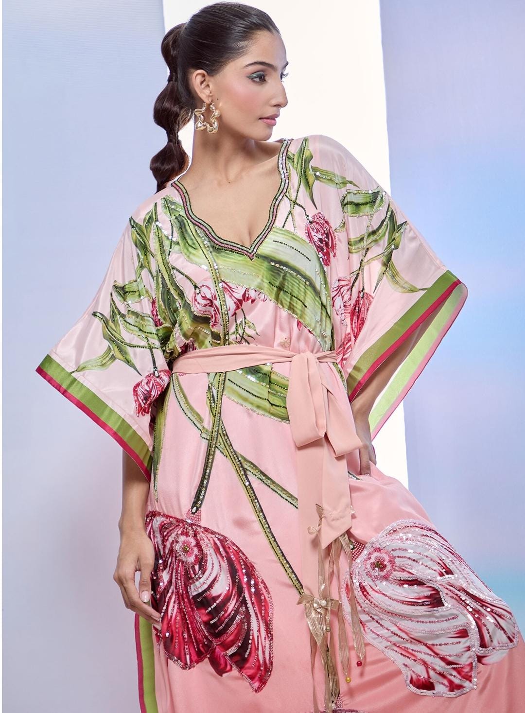 Peach Crepe Print Tulip Blossom V Neck Kaftan