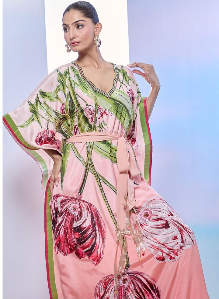 Peach Crepe Print Tulip Blossom V Neck Kaftan